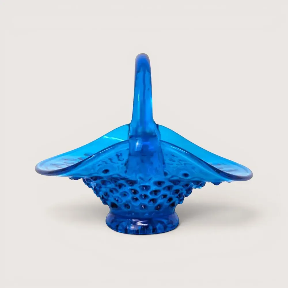 1960s Fenton Glass Blue Hobnail Applied Handle Basket